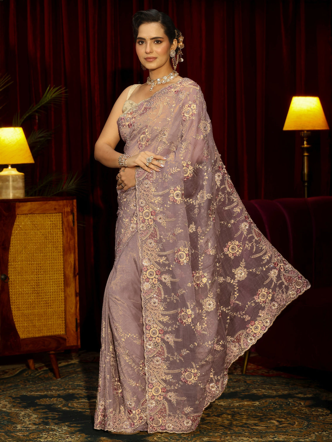 Mameraa Art Lavender Floral Embroidered Tissue Saree