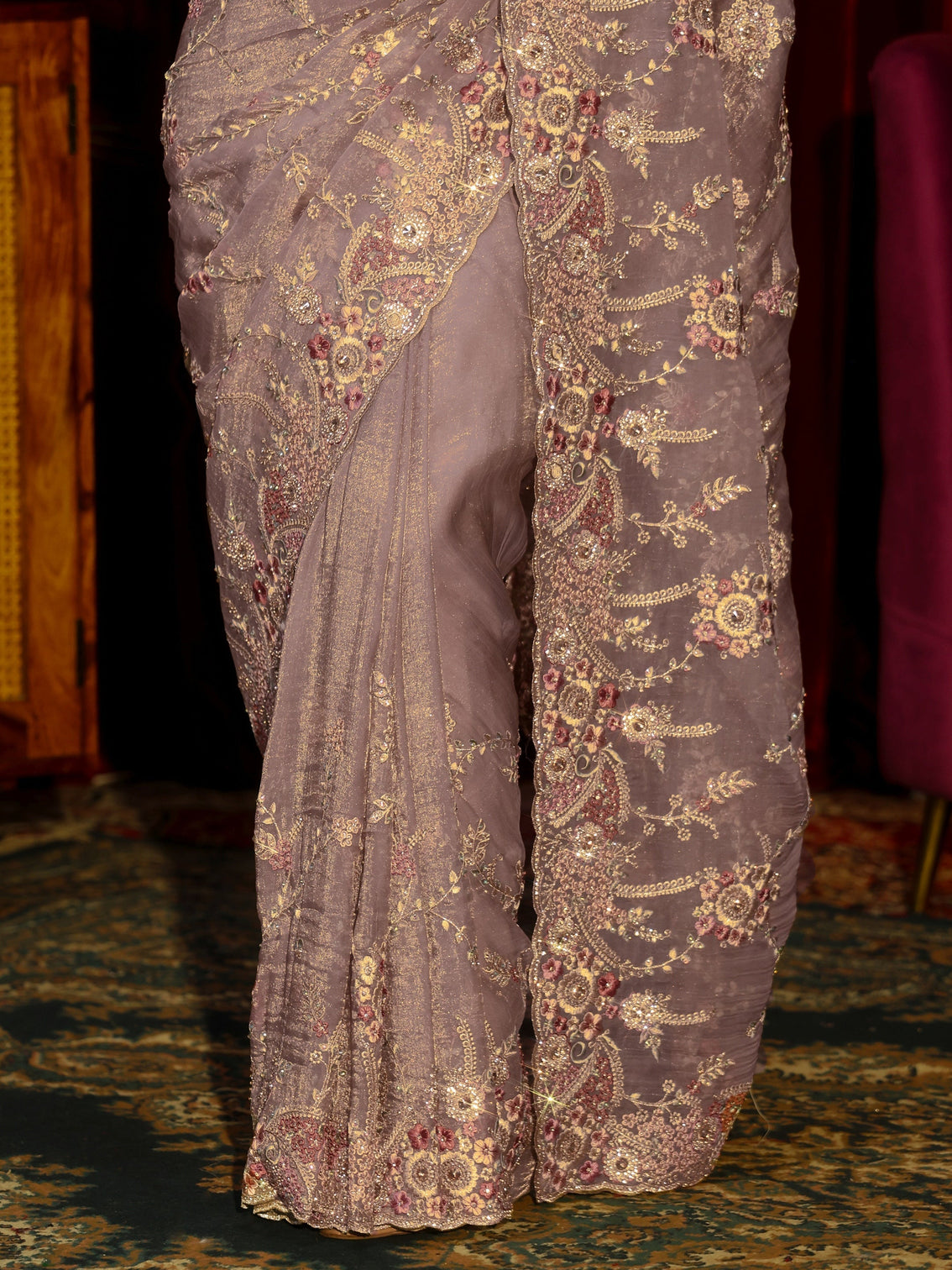 Mameraa Art Lavender Floral Embroidered Tissue Saree