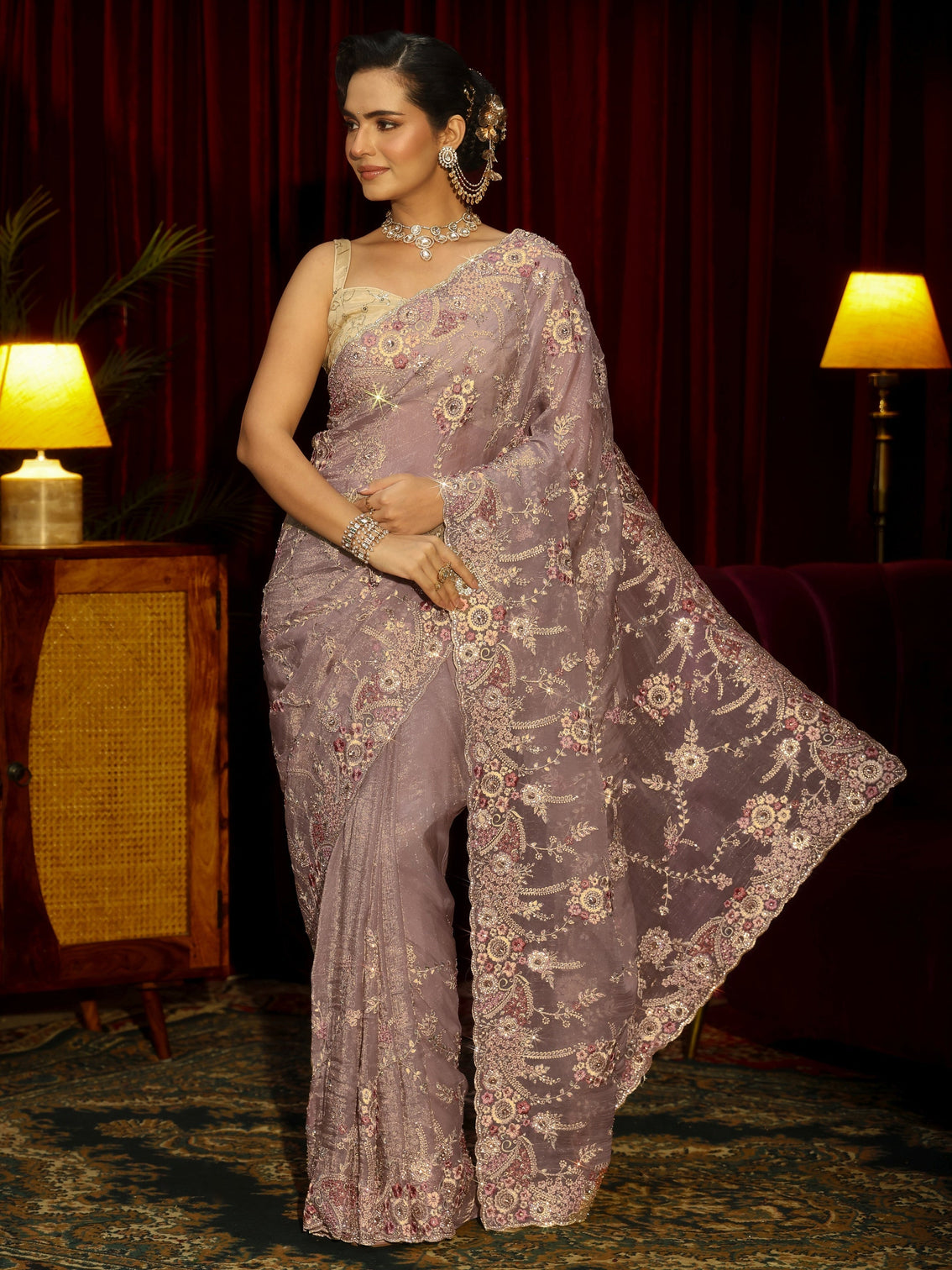 Mameraa Art Lavender Floral Embroidered Tissue Saree