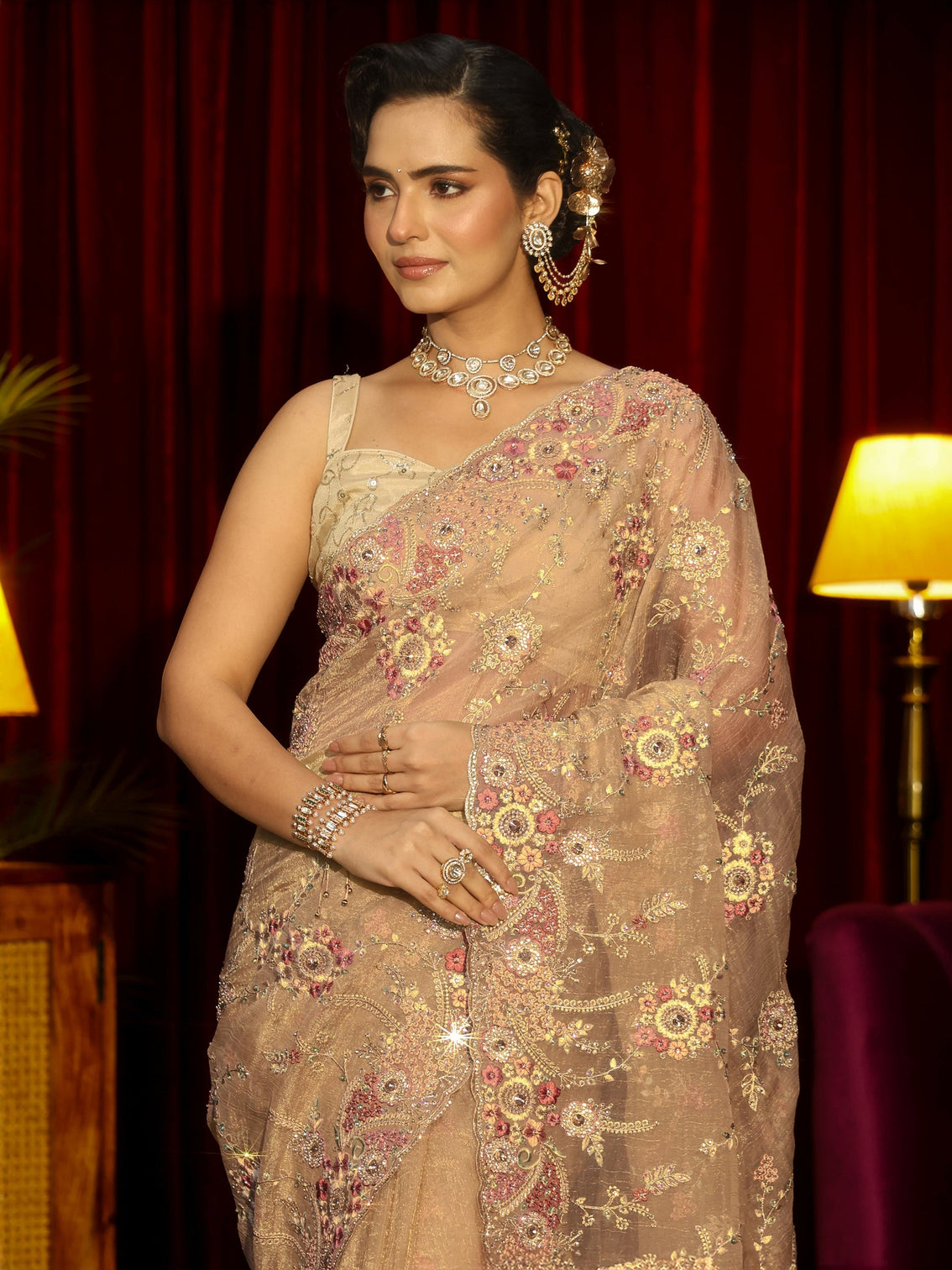 Mameraa Art Golden Floral Embroidered Tissue Saree