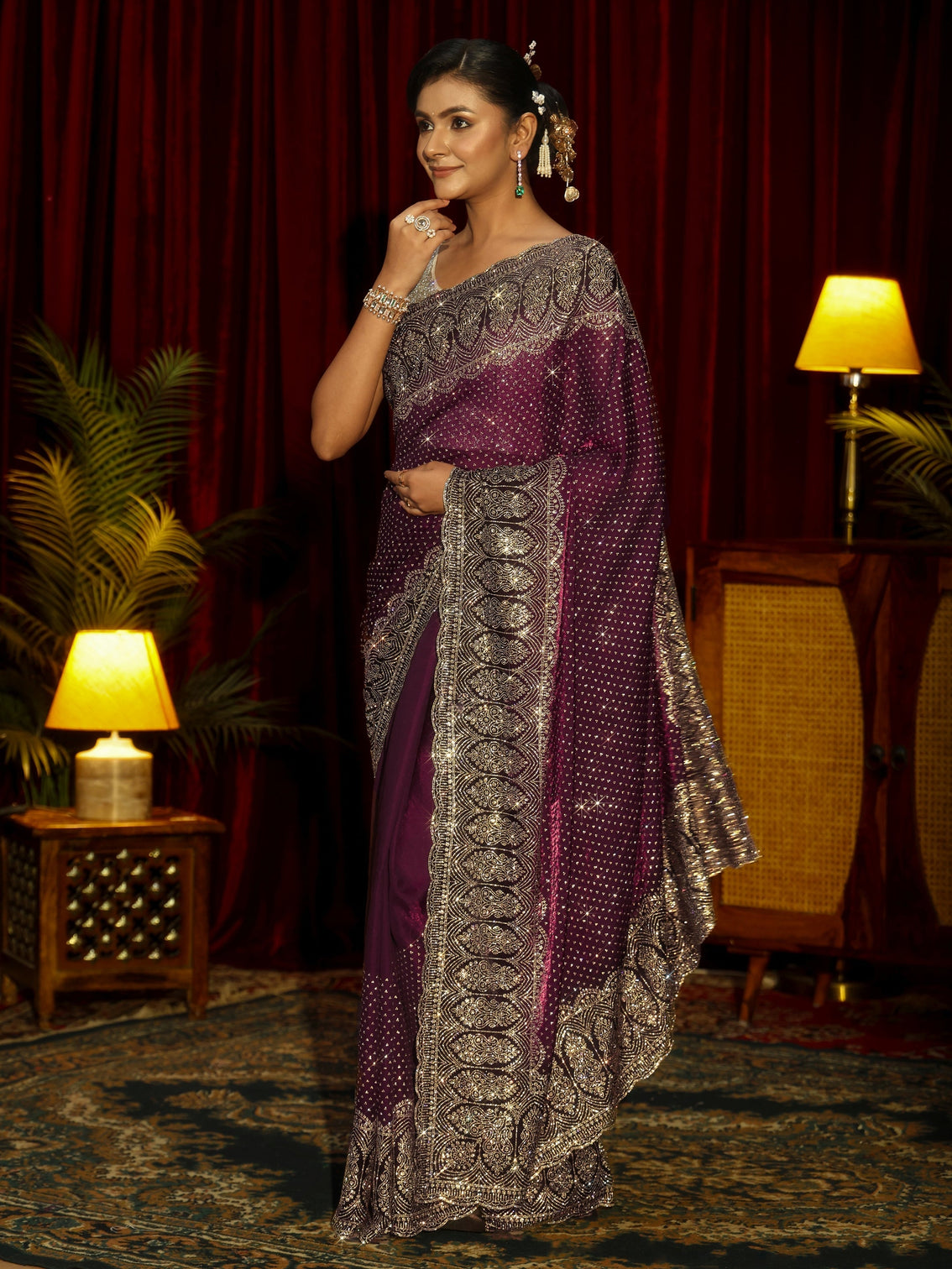 Mameraa Art Burgundy Embellished Tissue Saree