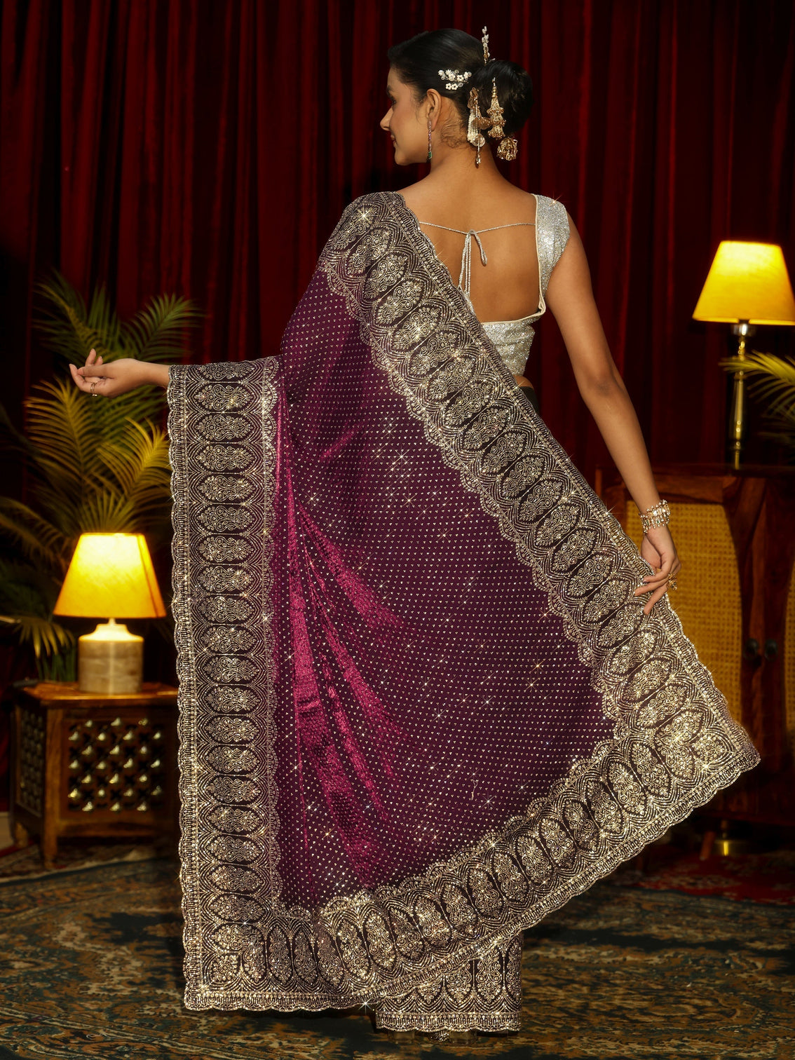 Mameraa Art Burgundy Embellished Tissue Saree