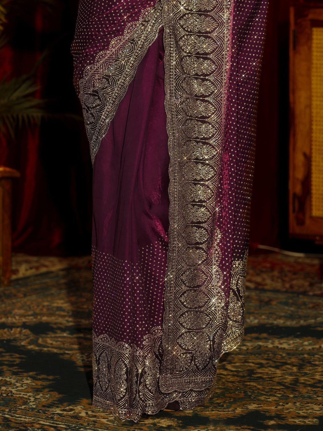 Mameraa Art Burgundy Embellished Tissue Saree