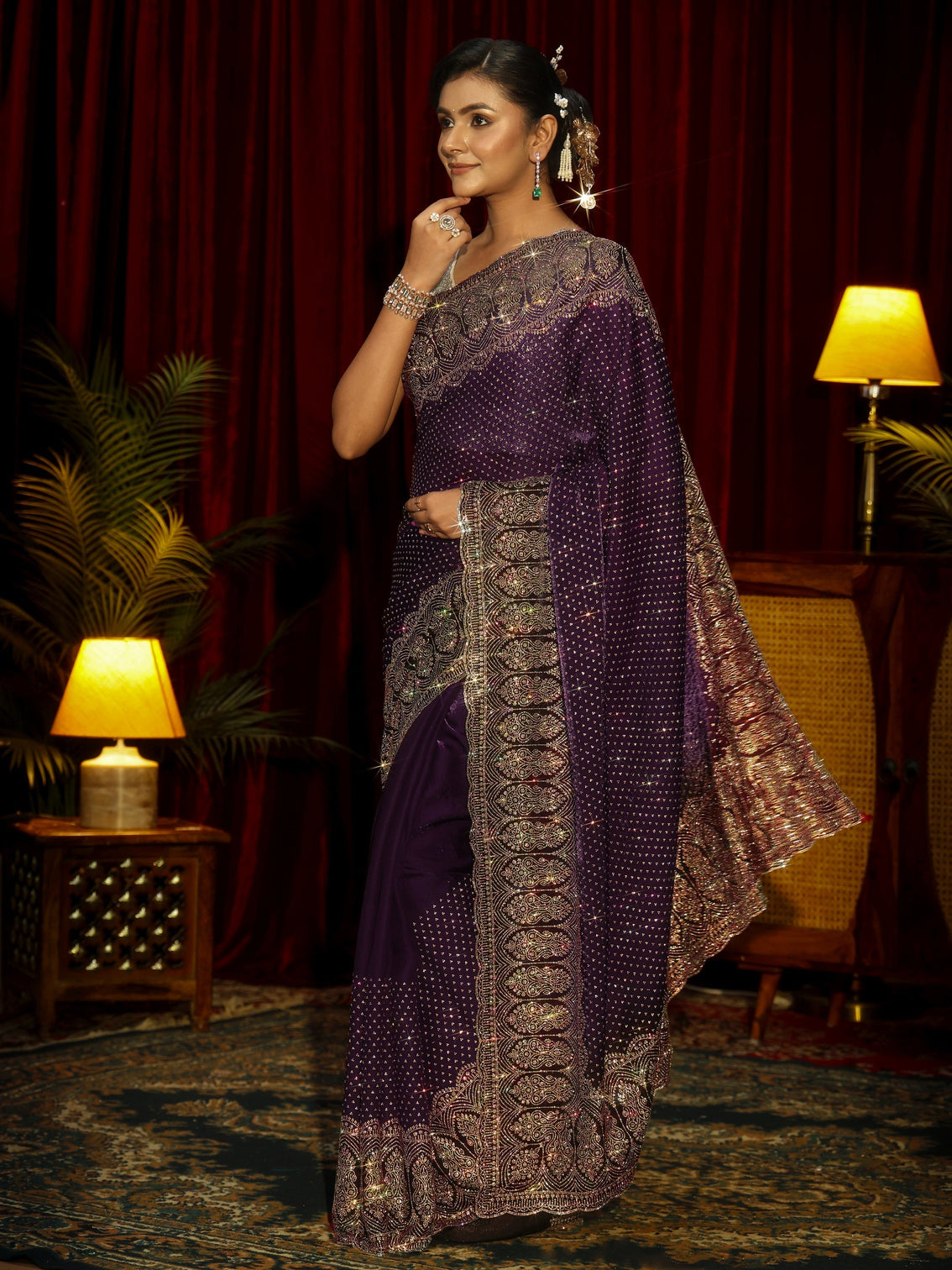Mameraa Art Aubergine Purple Embellished Tissue Saree