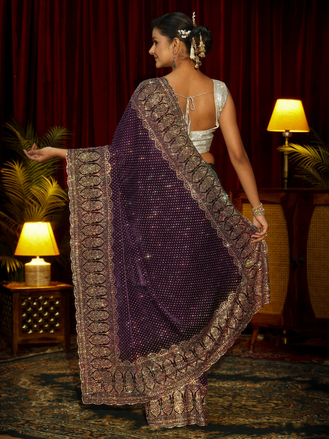 Mameraa Art Aubergine Purple Embellished Tissue Saree