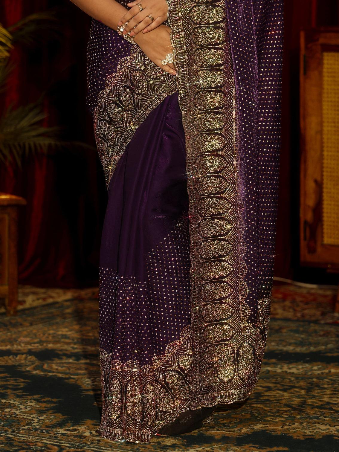 Mameraa Art Aubergine Purple Embellished Tissue Saree