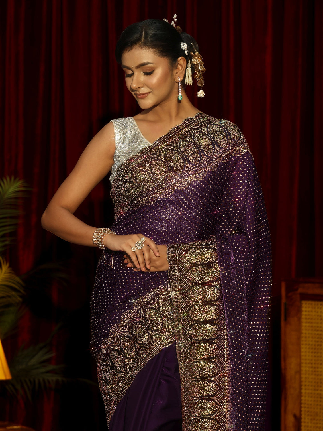 Mameraa Art Aubergine Purple Embellished Tissue Saree