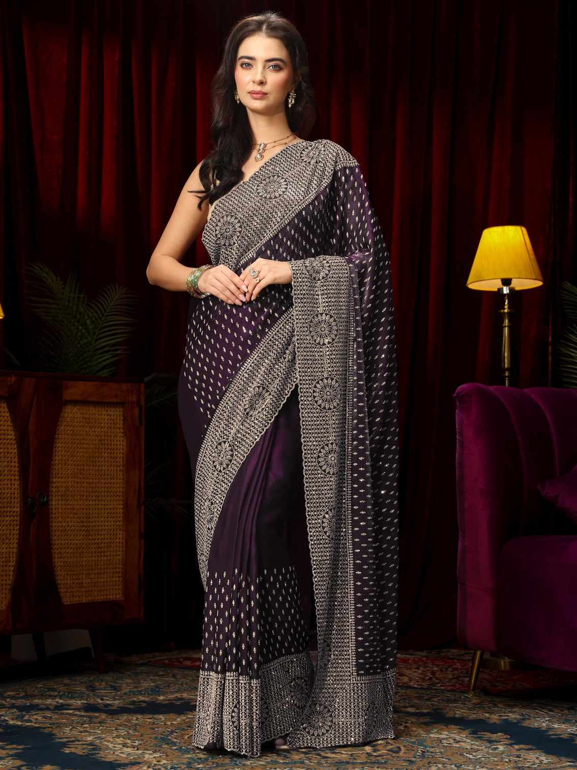 Mameraa Art Purple Stone Work Embellished Tissue Saree