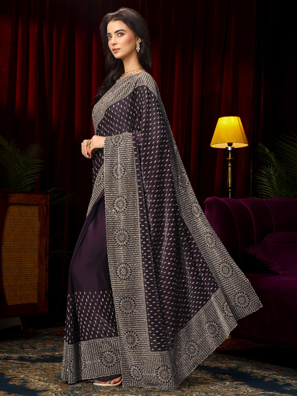 Mameraa Art Purple Stone Work Embellished Tissue Saree