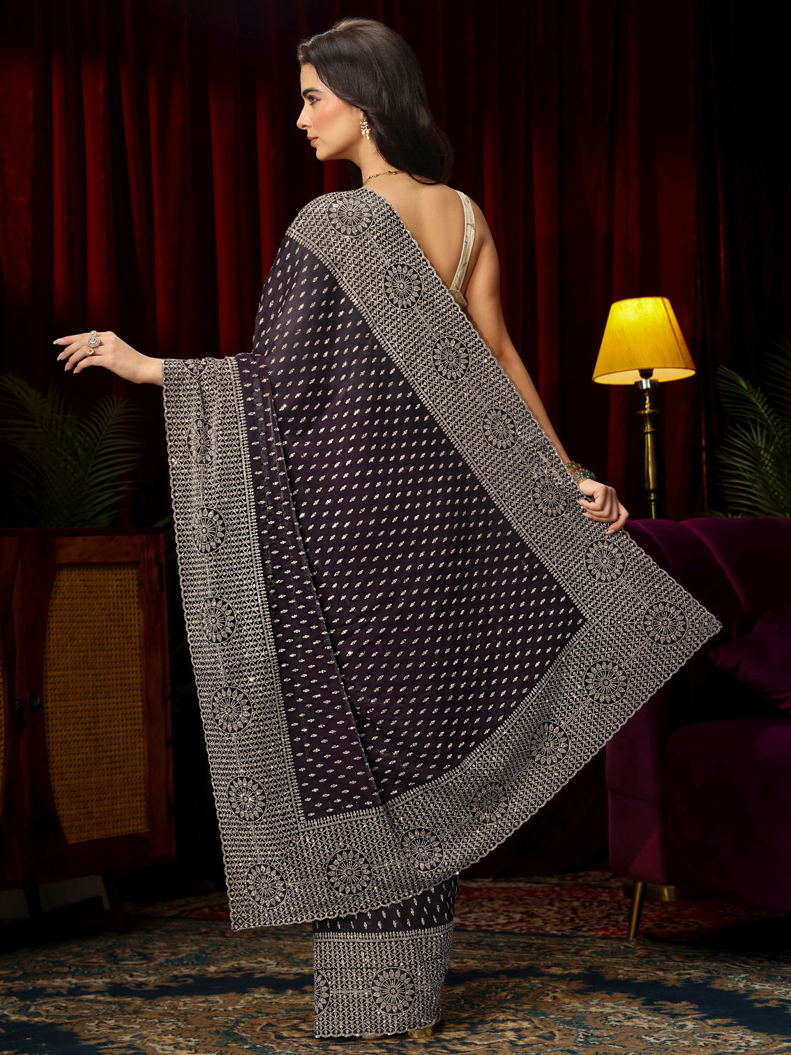 Mameraa Art Purple Stone Work Embellished Tissue Saree