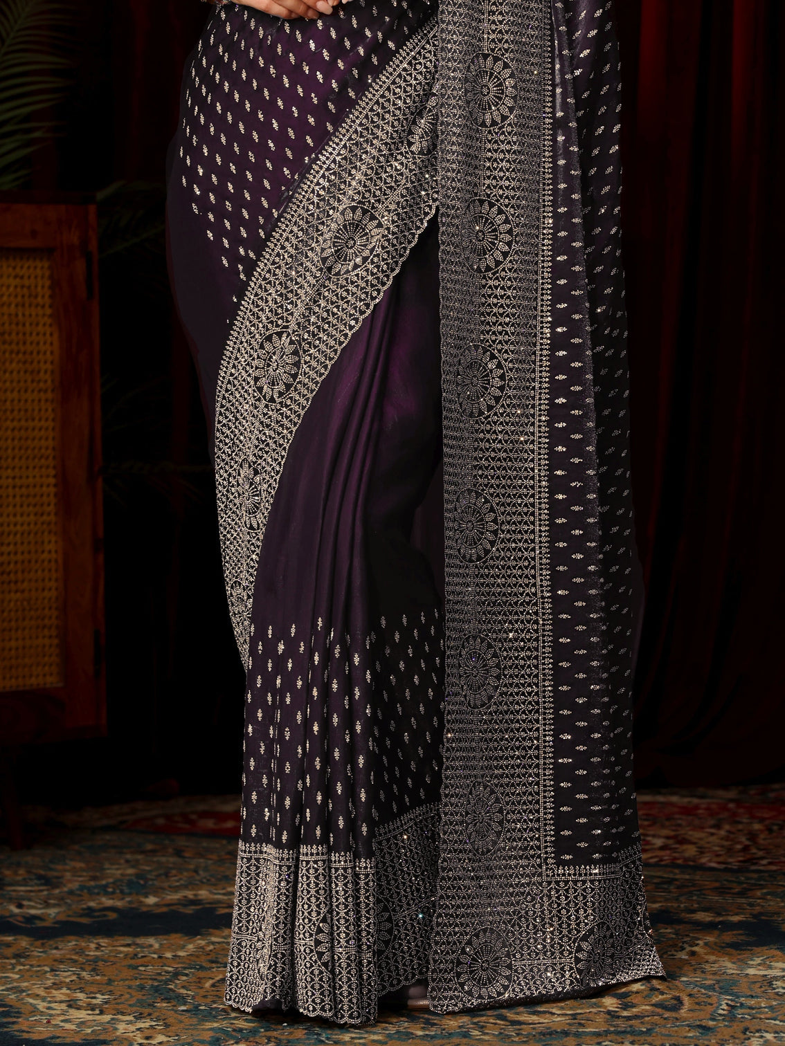 Mameraa Art Purple Stone Work Embellished Tissue Saree