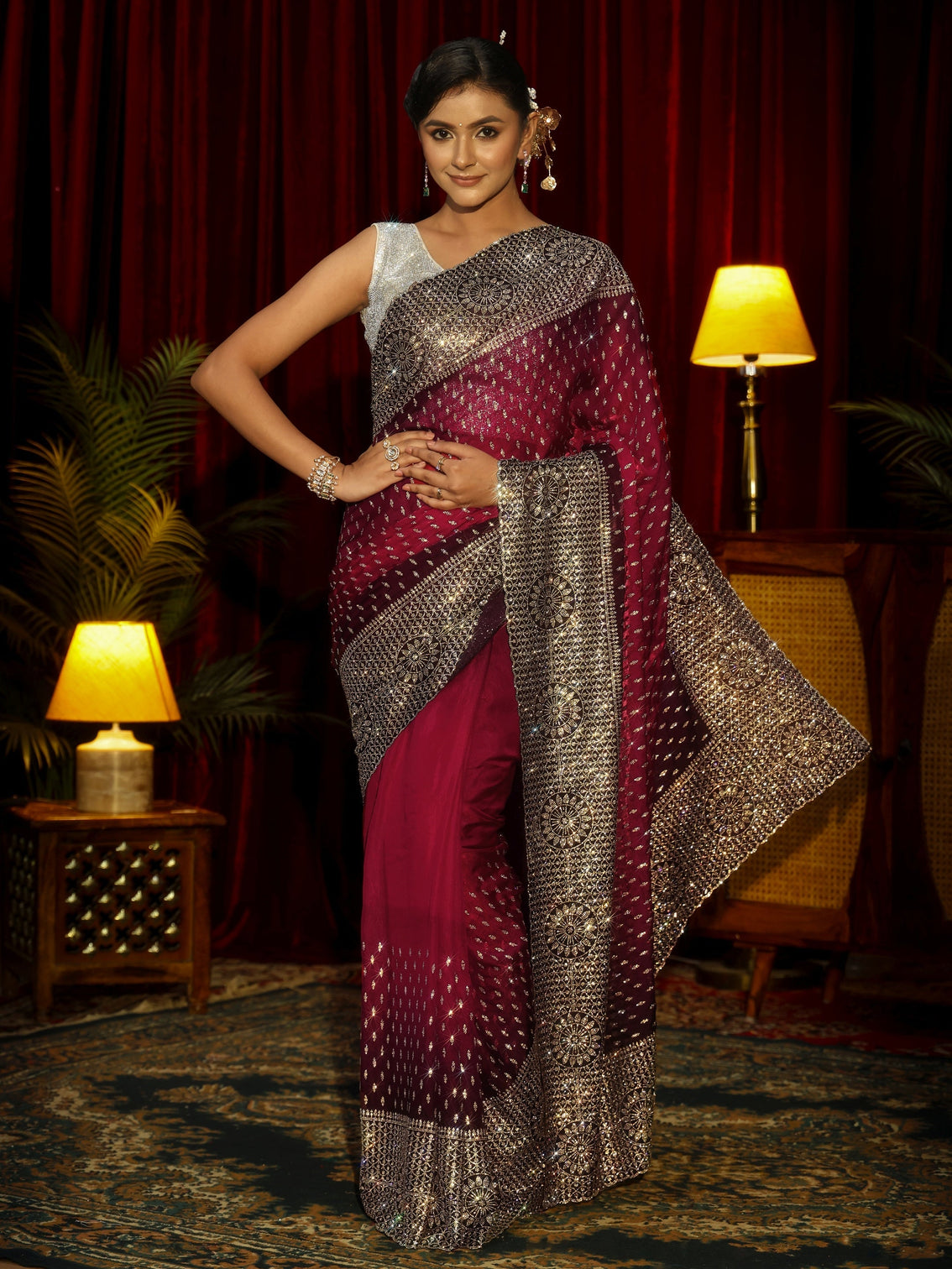 Mameraa Art Maroon Embellished Tissue Saree