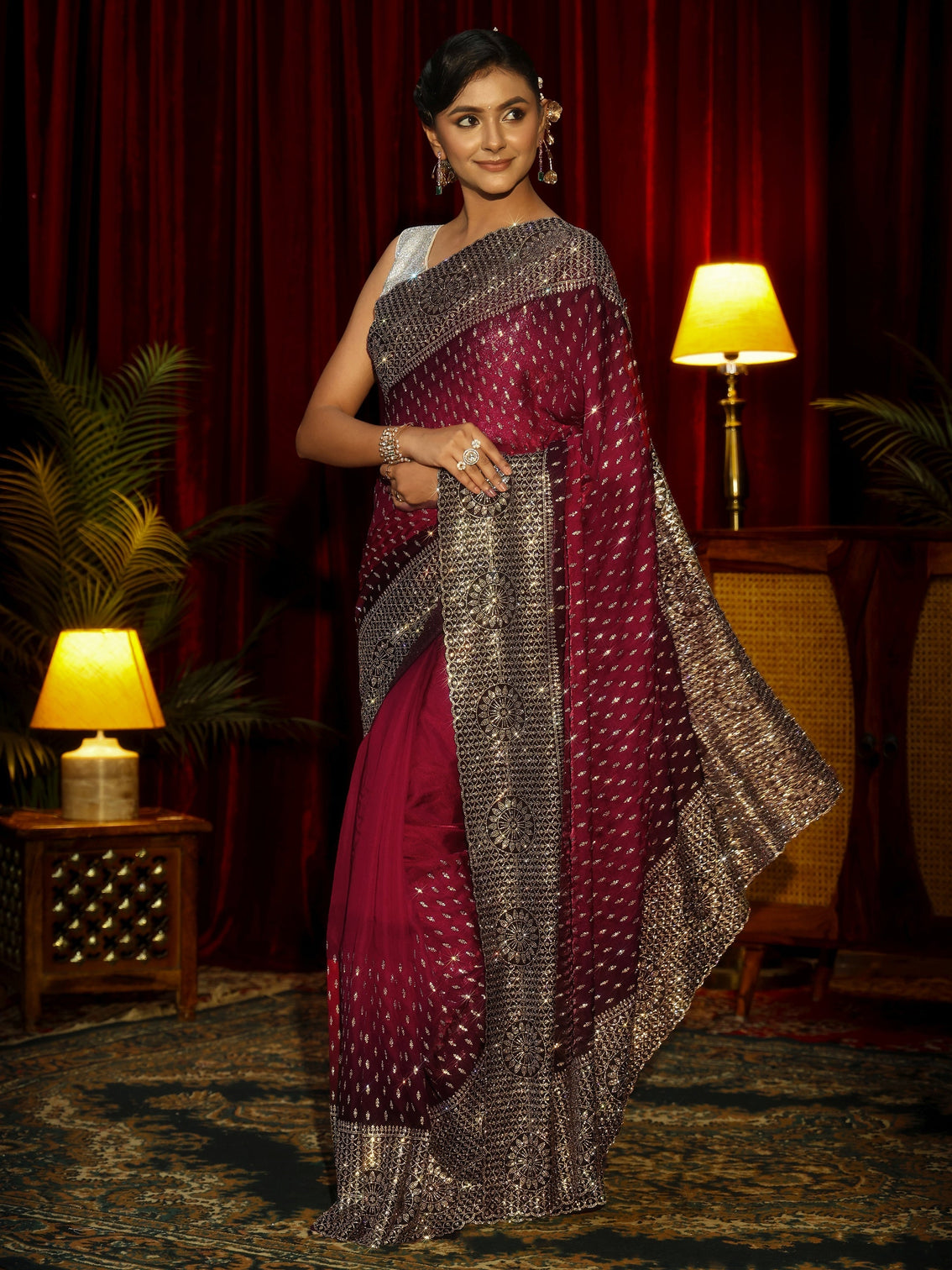Mameraa Art Maroon Embellished Tissue Saree