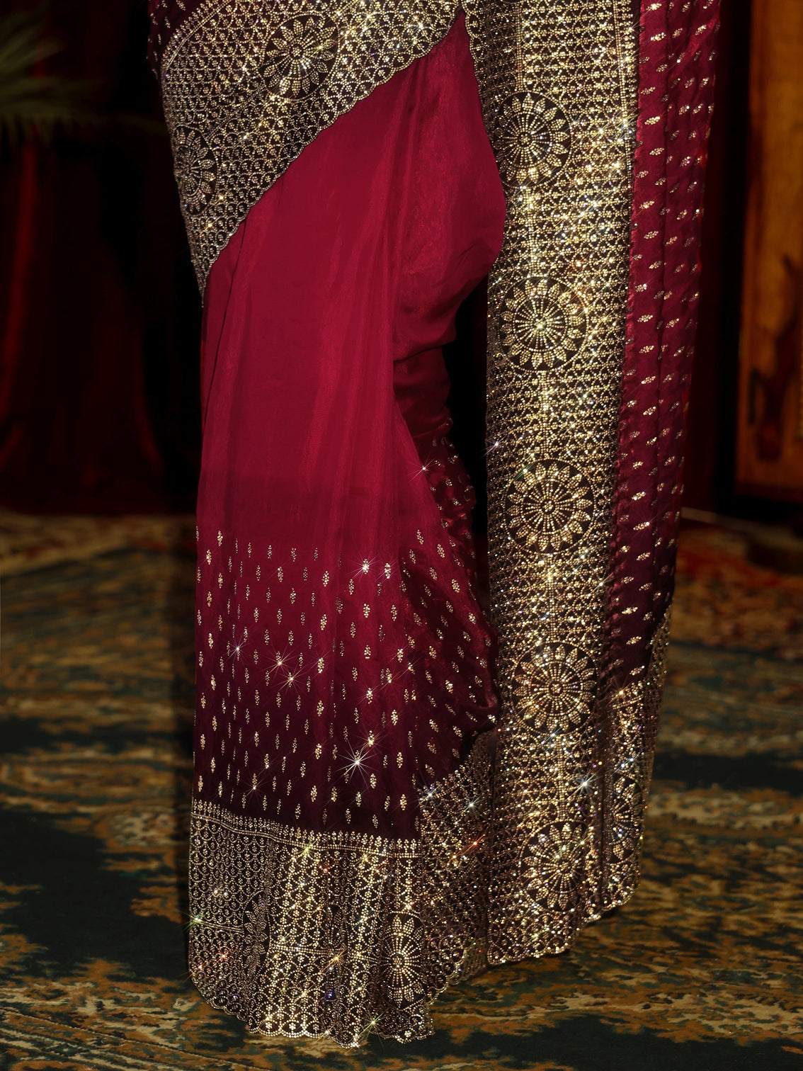Mameraa Art Maroon Embellished Tissue Saree