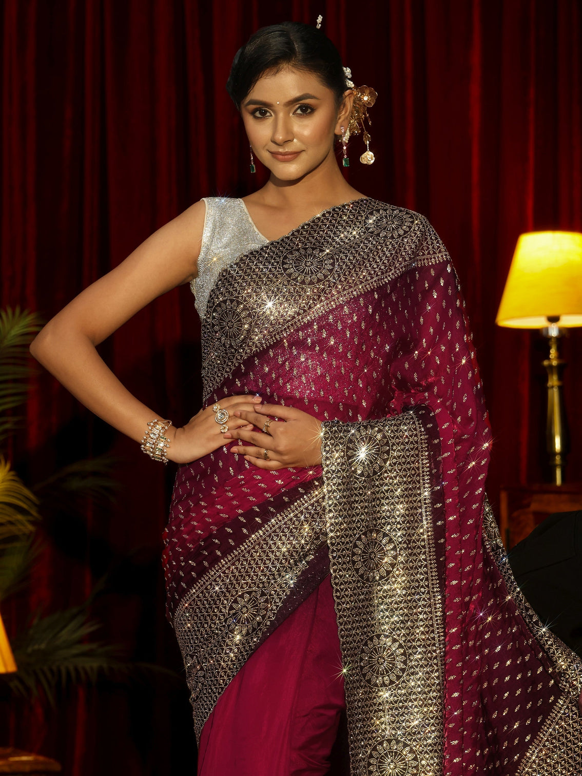 Mameraa Art Maroon Embellished Tissue Saree