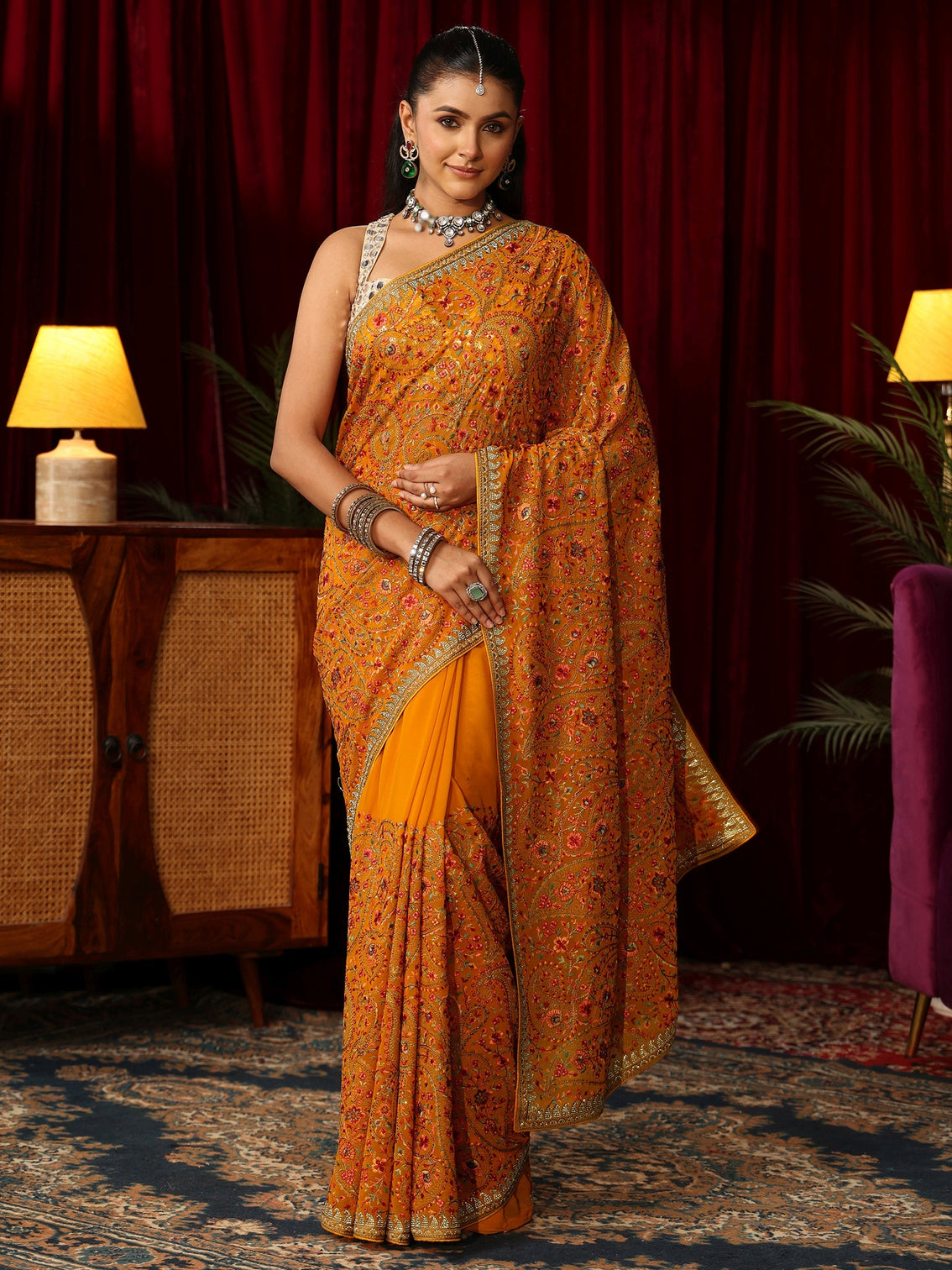 Mameraa Art Orange Paisley Embroidered Georgette Saree