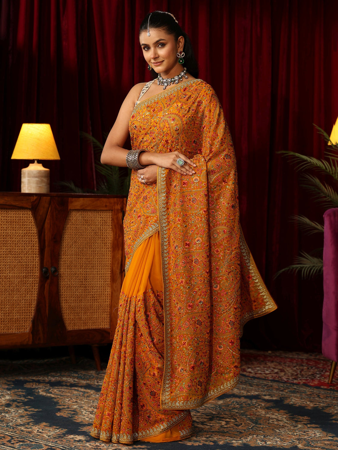 Mameraa Art Orange Paisley Embroidered Georgette Saree