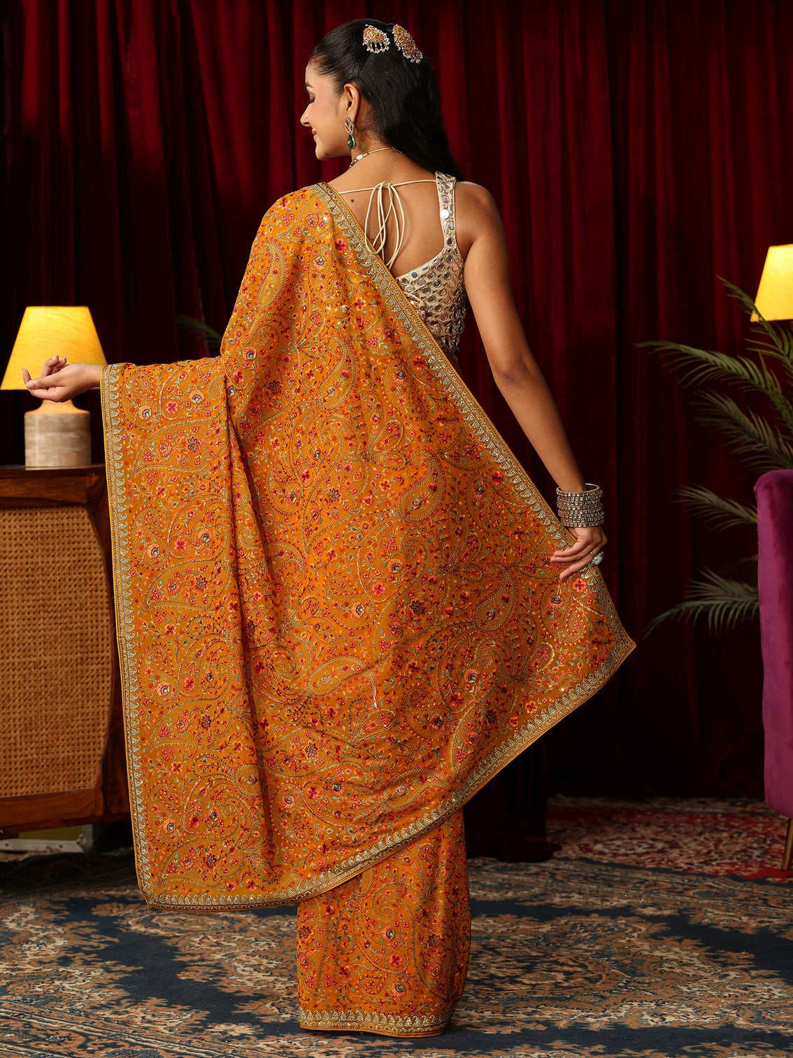 Mameraa Art Orange Paisley Embroidered Georgette Saree
