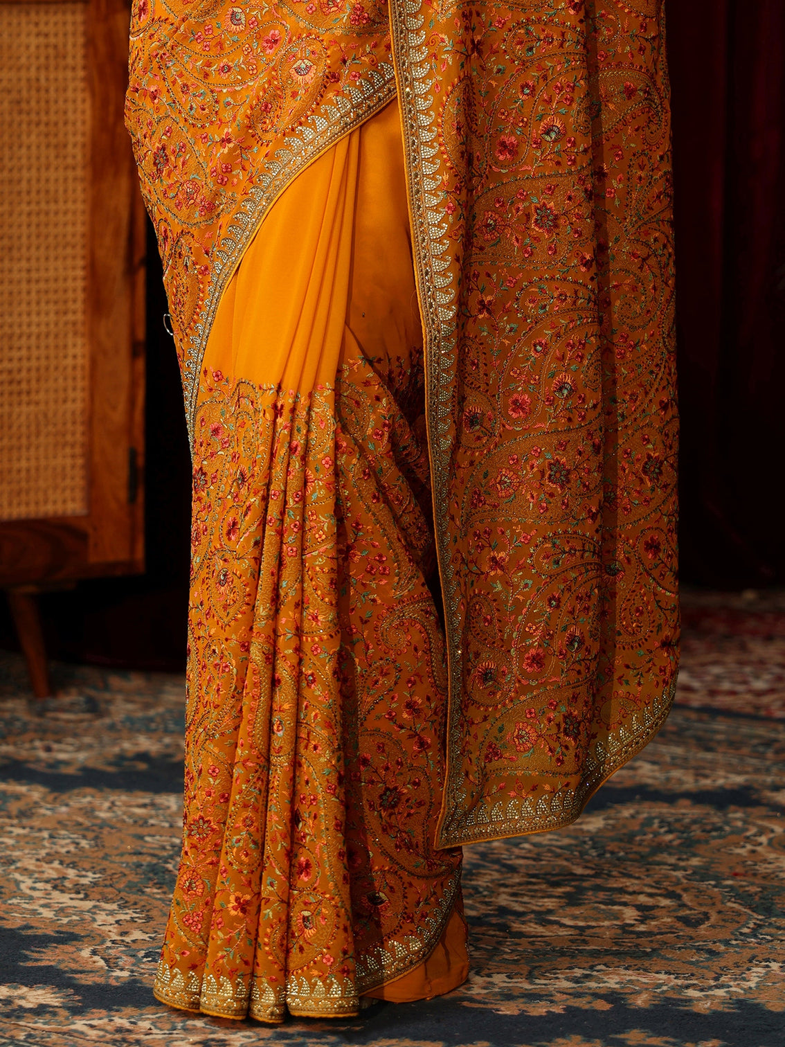 Mameraa Art Orange Paisley Embroidered Georgette Saree