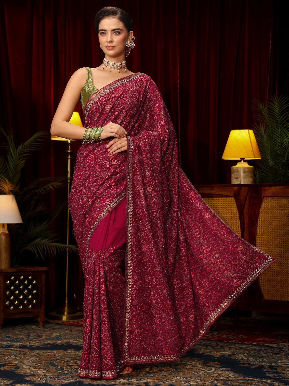 Mameraa Art Rani Pink Floral Embroidered Georgette Saree