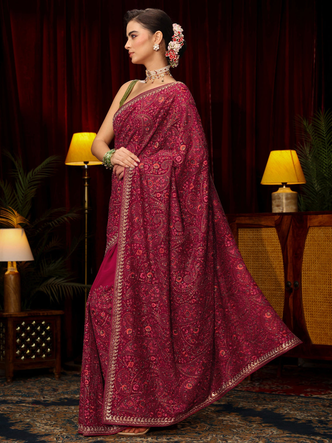 Mameraa Art Rani Pink Floral Embroidered Georgette Saree