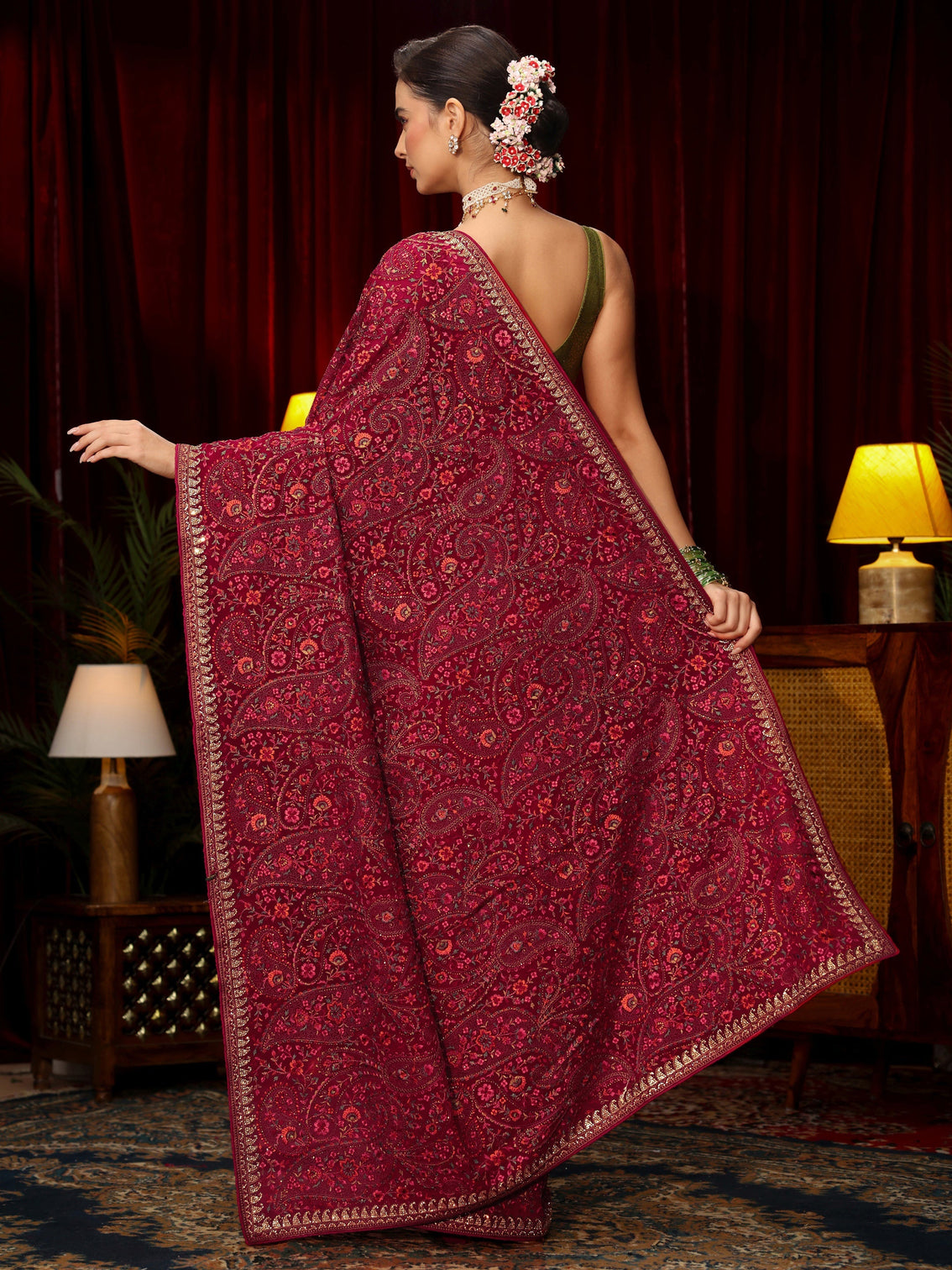 Mameraa Art Rani Pink Floral Embroidered Georgette Saree