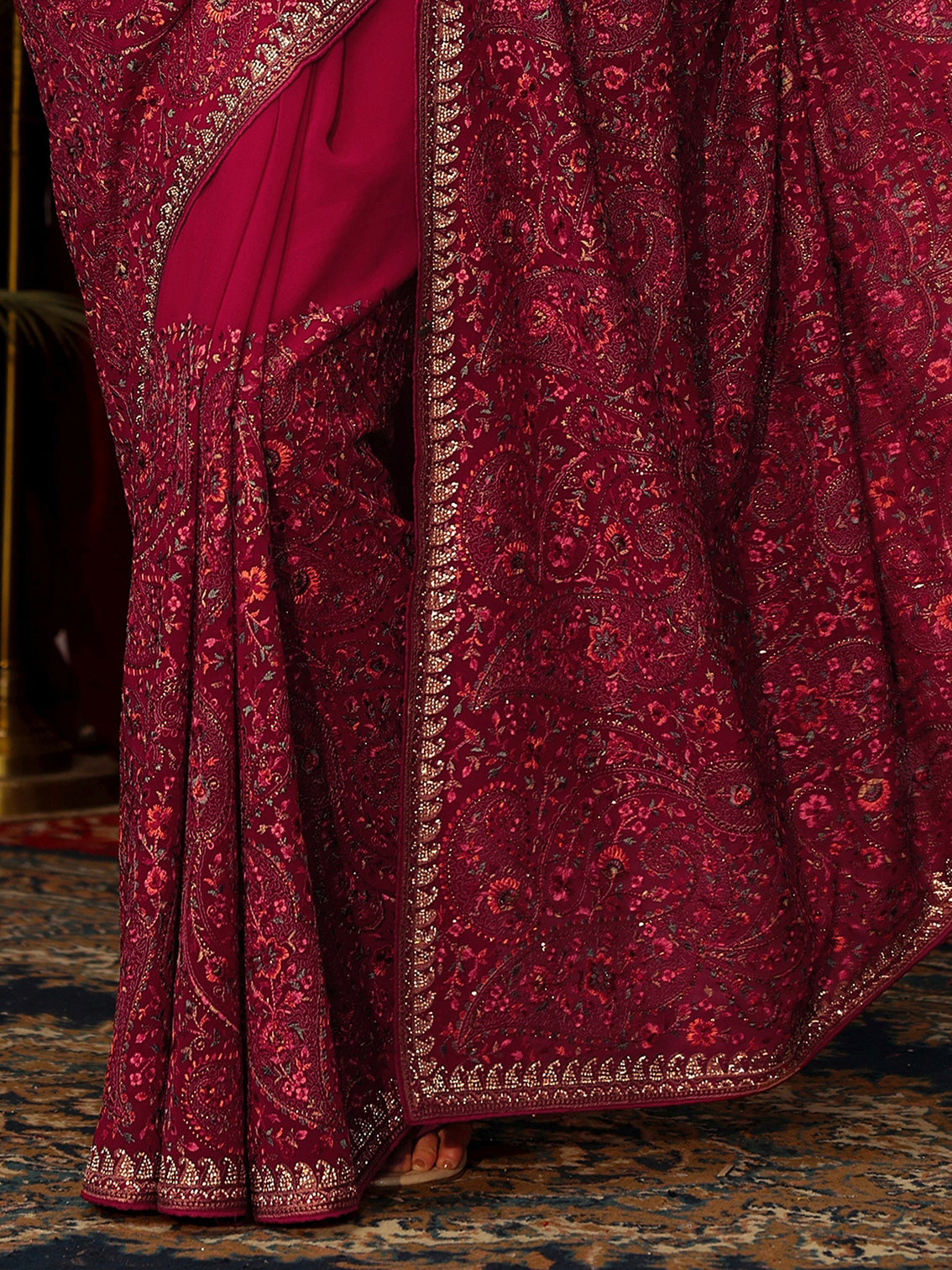 Mameraa Art Rani Pink Floral Embroidered Georgette Saree