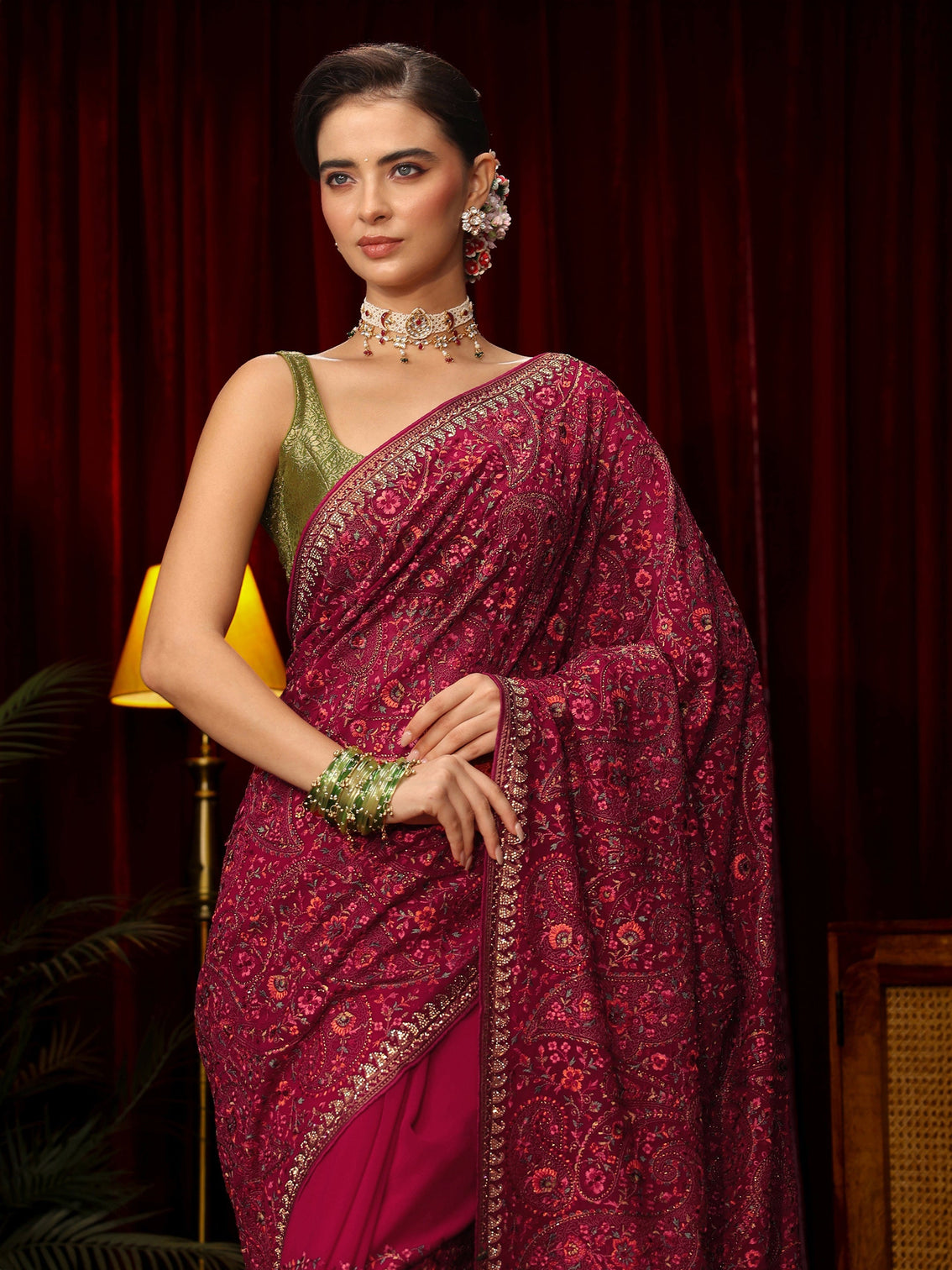 Mameraa Art Rani Pink Floral Embroidered Georgette Saree
