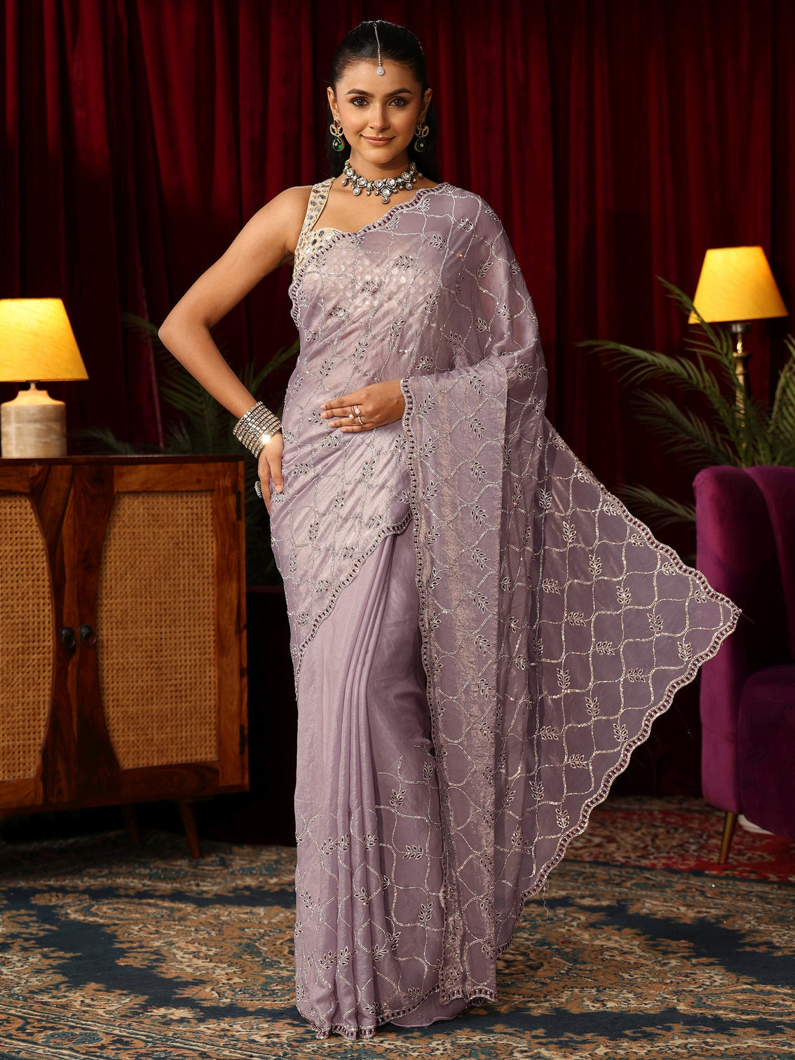 Mameraa Art Lavender Stone Work Embellished Jaal Pattern Tissue Saree