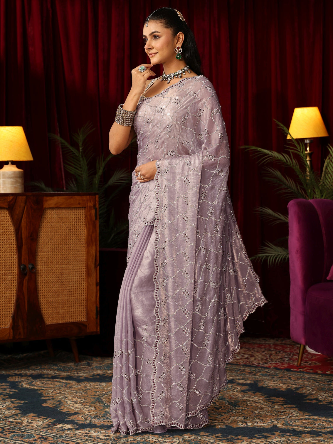 Mameraa Art Lavender Stone Work Embellished Jaal Pattern Tissue Saree