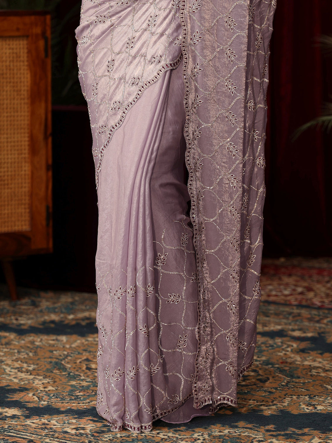 Mameraa Art Lavender Stone Work Embellished Jaal Pattern Tissue Saree