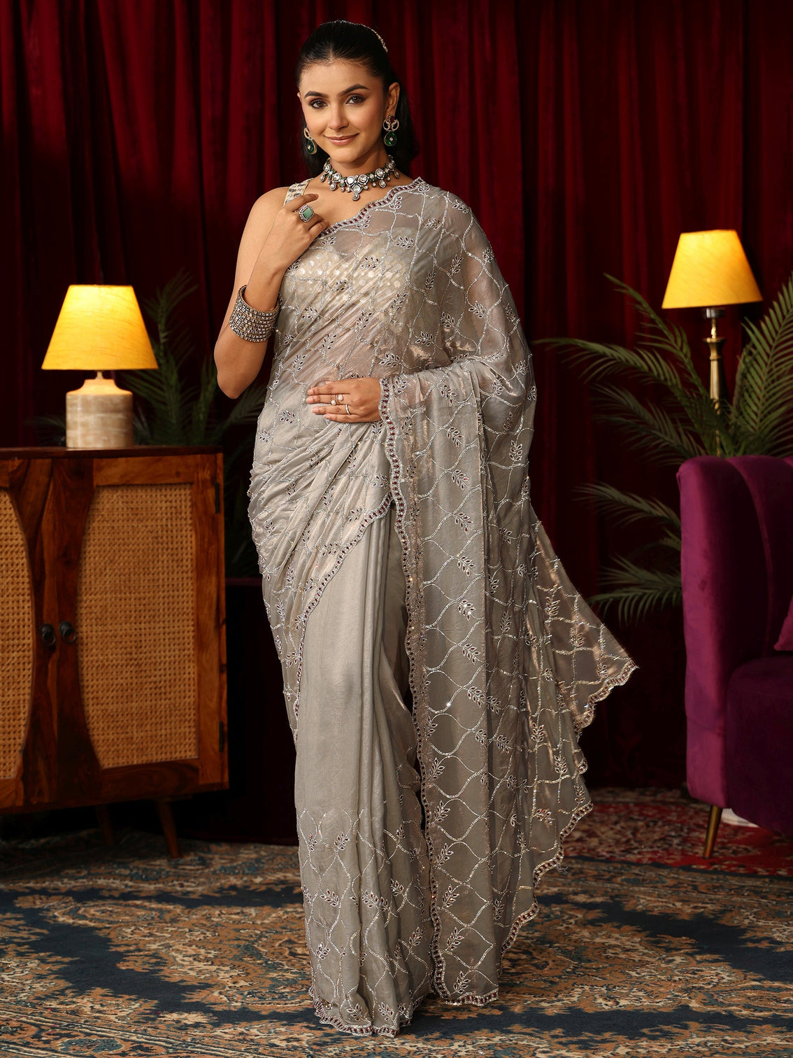 Mameraa Art Ash Grey Stone Work Embellished Jaal Pattern Tissue Saree