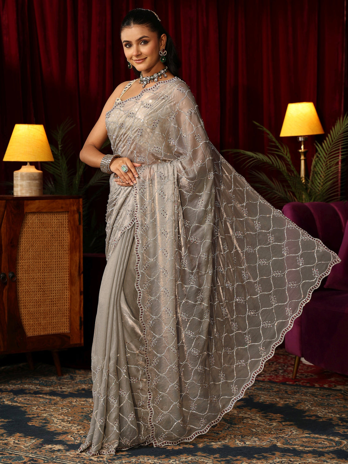 Mameraa Art Ash Grey Stone Work Embellished Jaal Pattern Tissue Saree