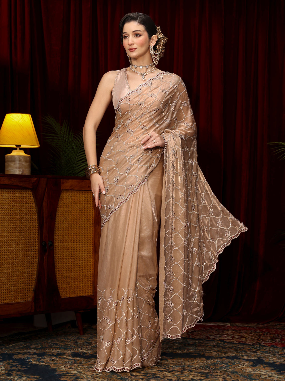Mameraa Art Taupe Stone Work Embellished Tissue Saree