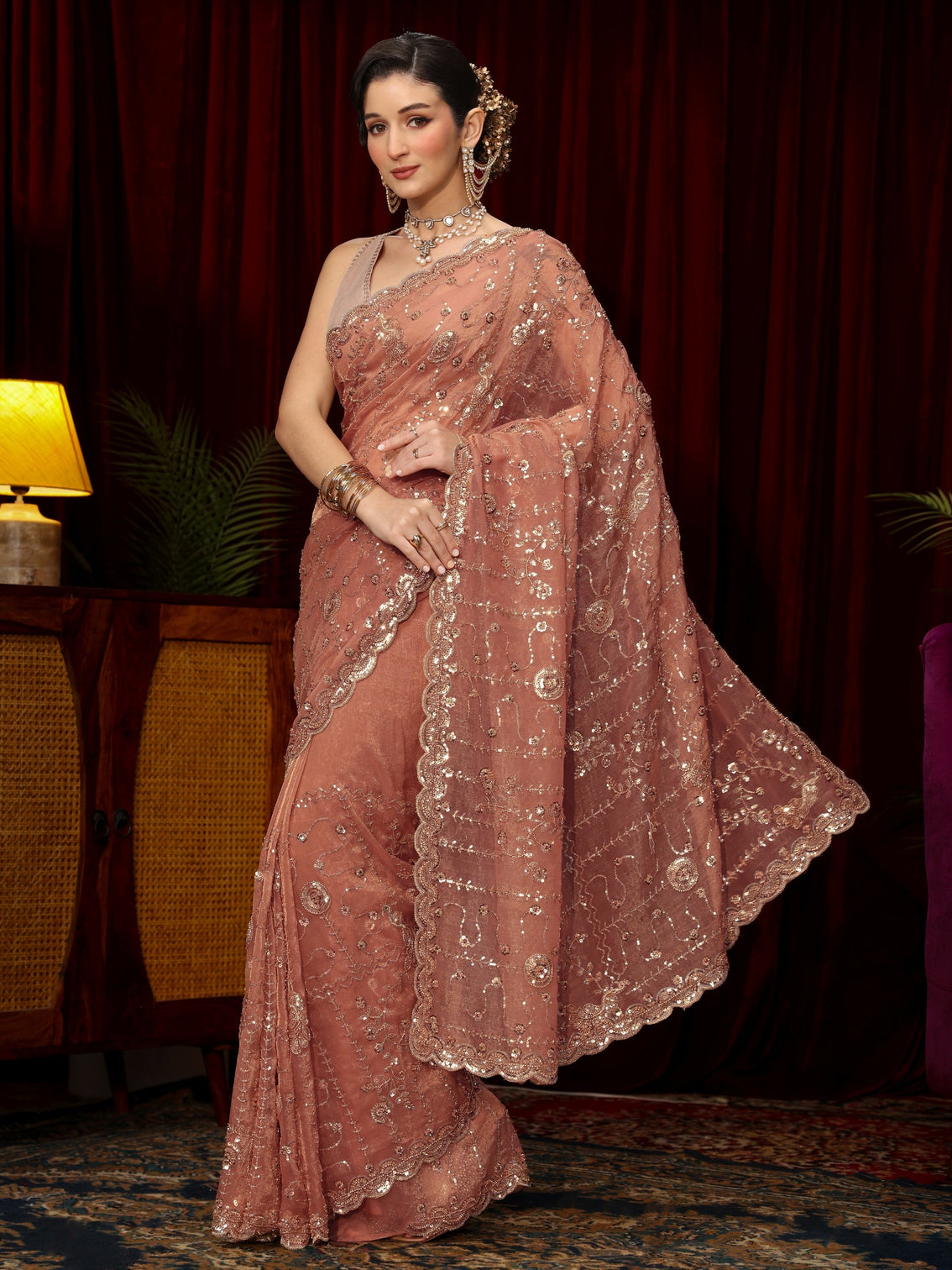 Mameraa Art Peach Pink Sequin Embellished Tissue Saree