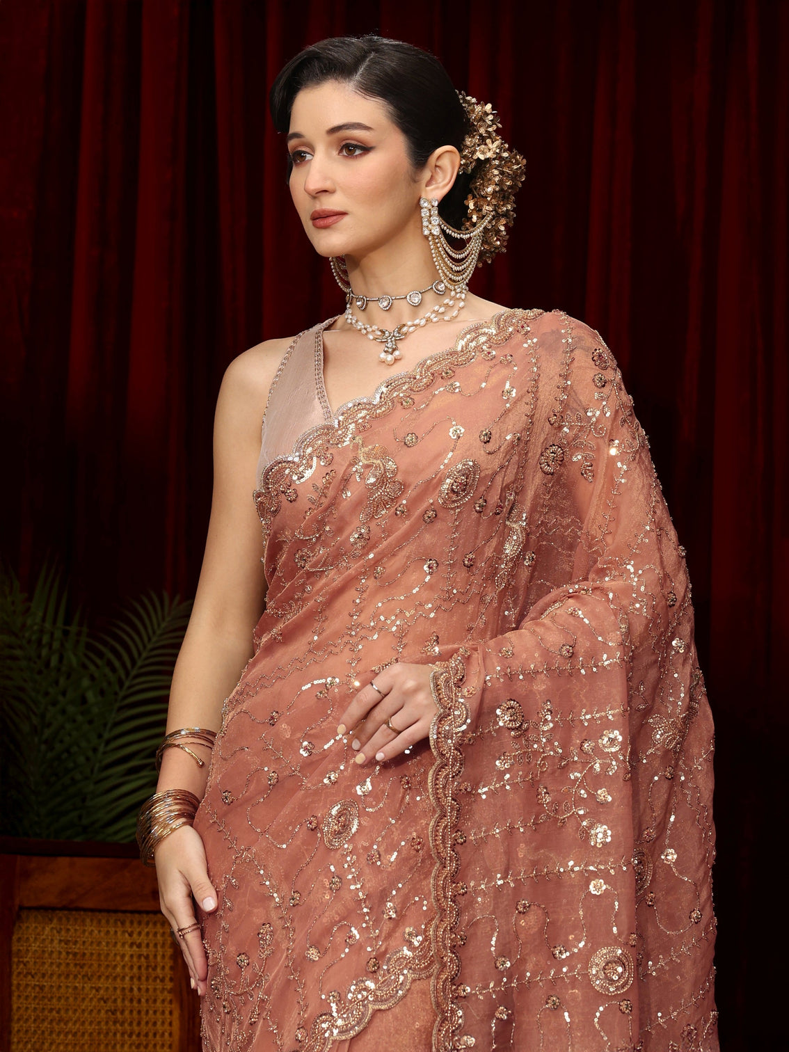 Mameraa Art Peach Pink Sequin Embellished Tissue Saree