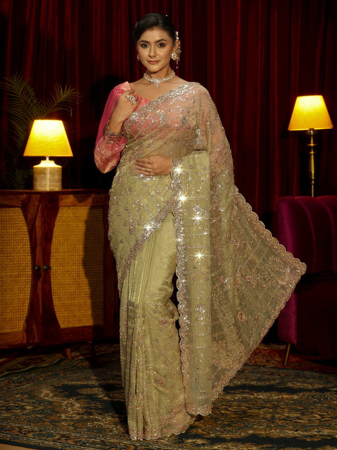 Mameraa Art Sage Green Embellished Tissue Saree