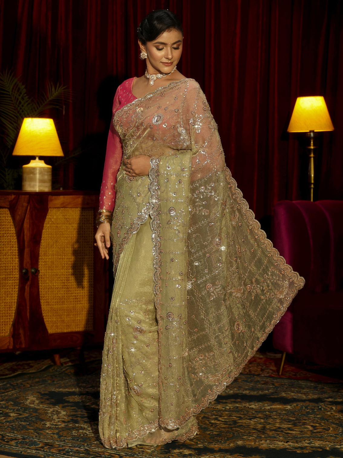 Mameraa Art Sage Green Embellished Tissue Saree