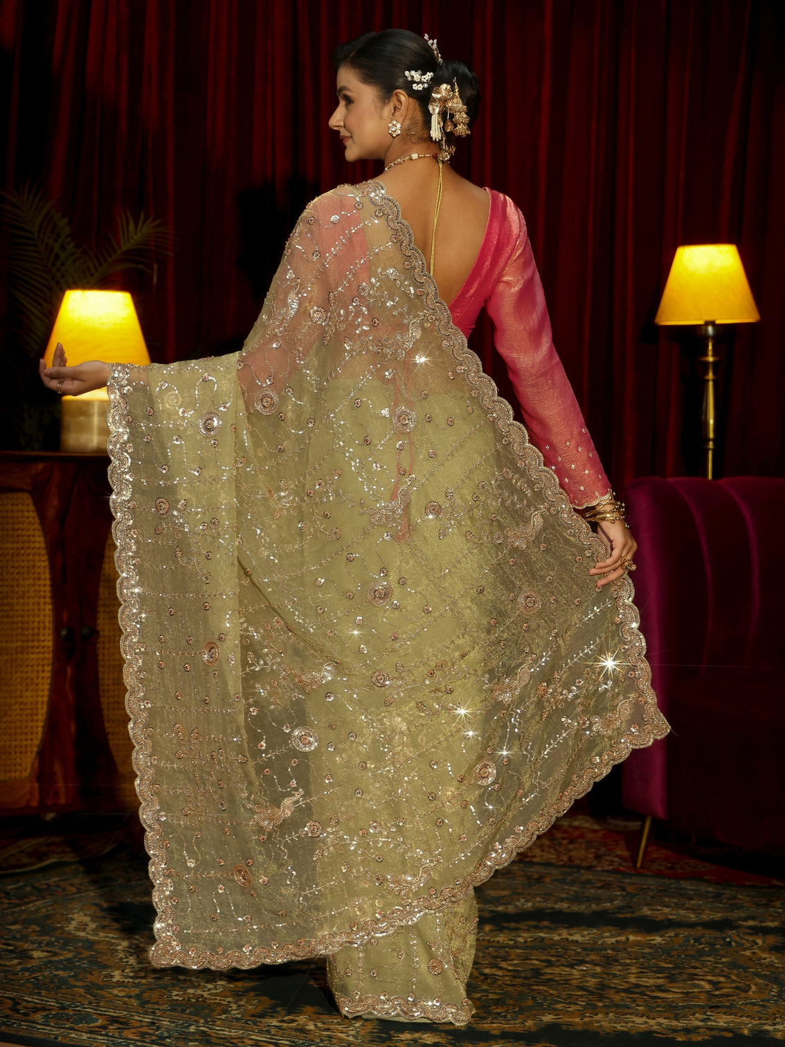Mameraa Art Sage Green Embellished Tissue Saree