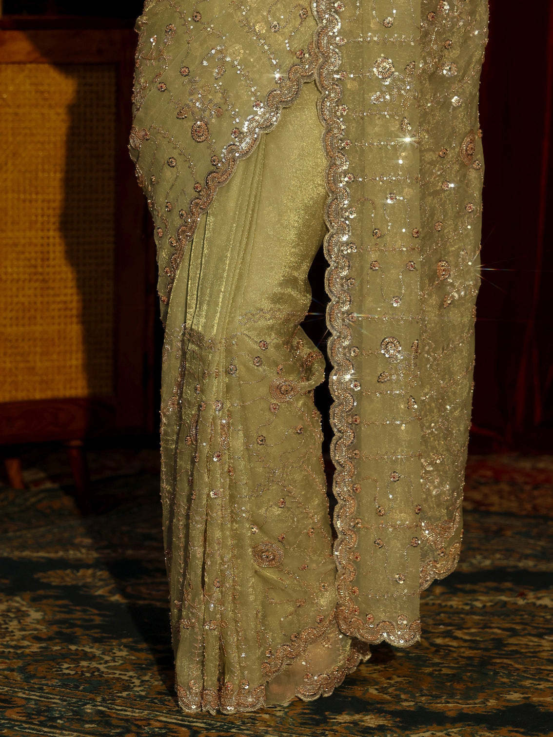 Mameraa Art Sage Green Embellished Tissue Saree