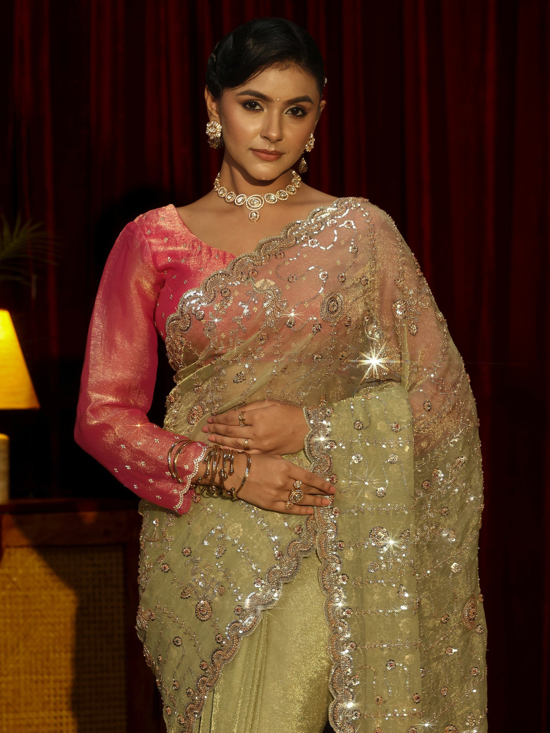 Mameraa Art Sage Green Embellished Tissue Saree