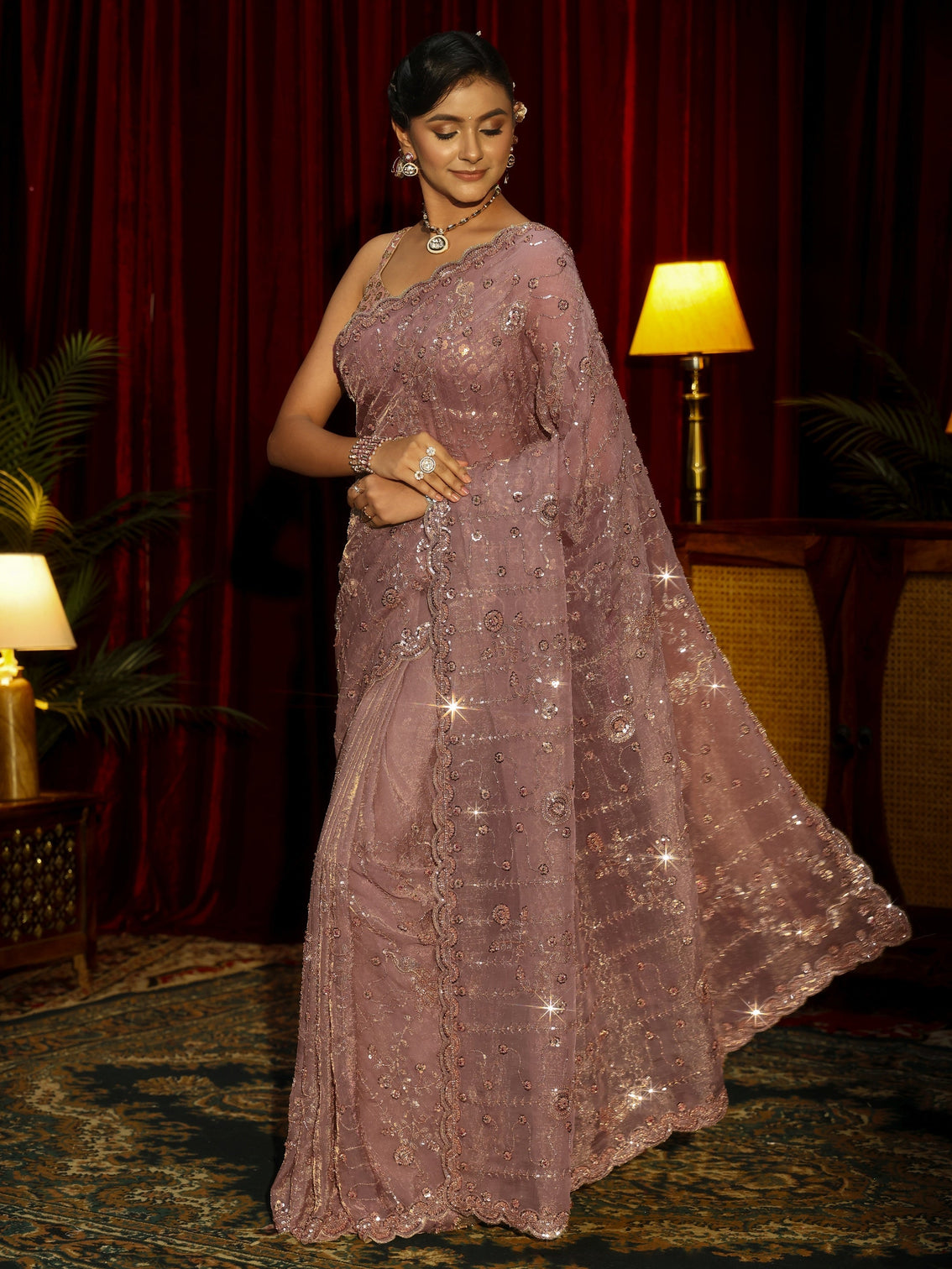 Mameraa Art Lavender Embellished Tissue Saree