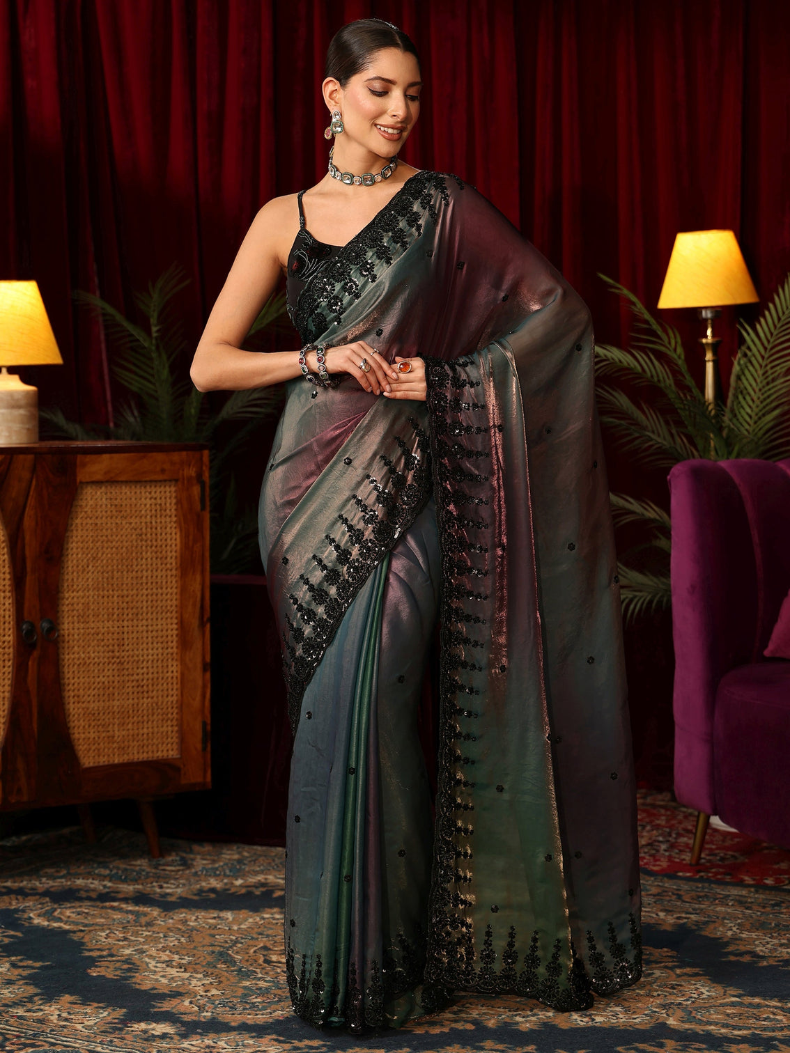 Mameraa Art Ombre Peacock Blue Tissue Saree with Sequin Embellished Border