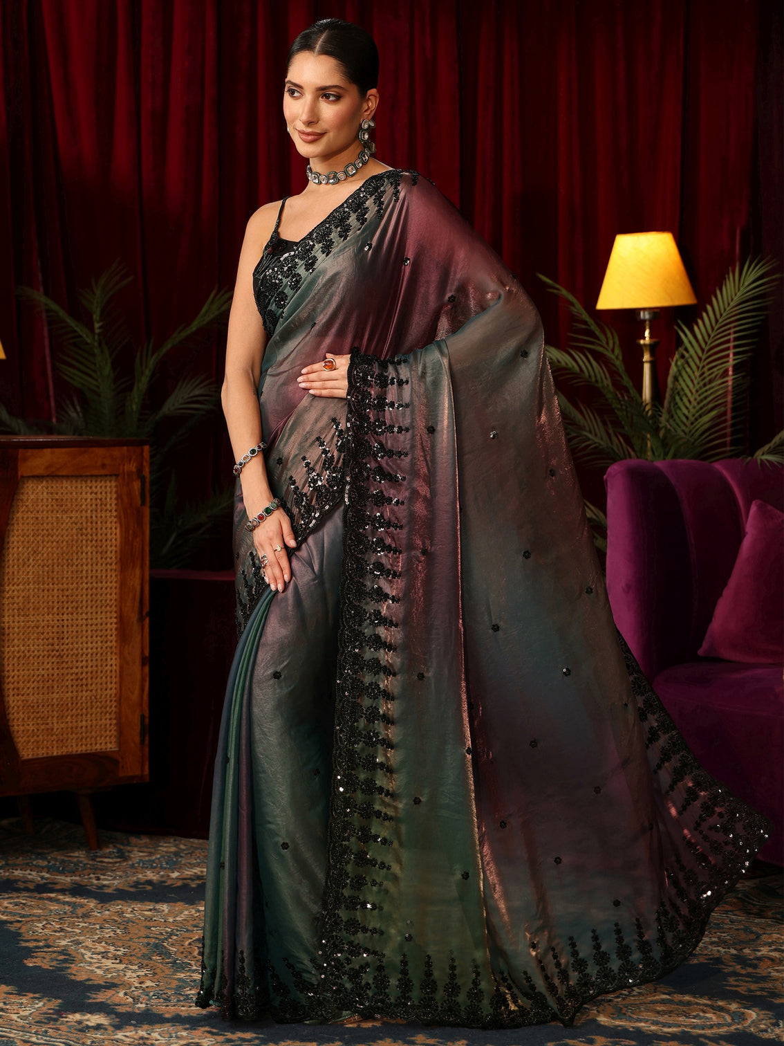 Mameraa Art Ombre Peacock Blue Tissue Saree with Sequin Embellished Border