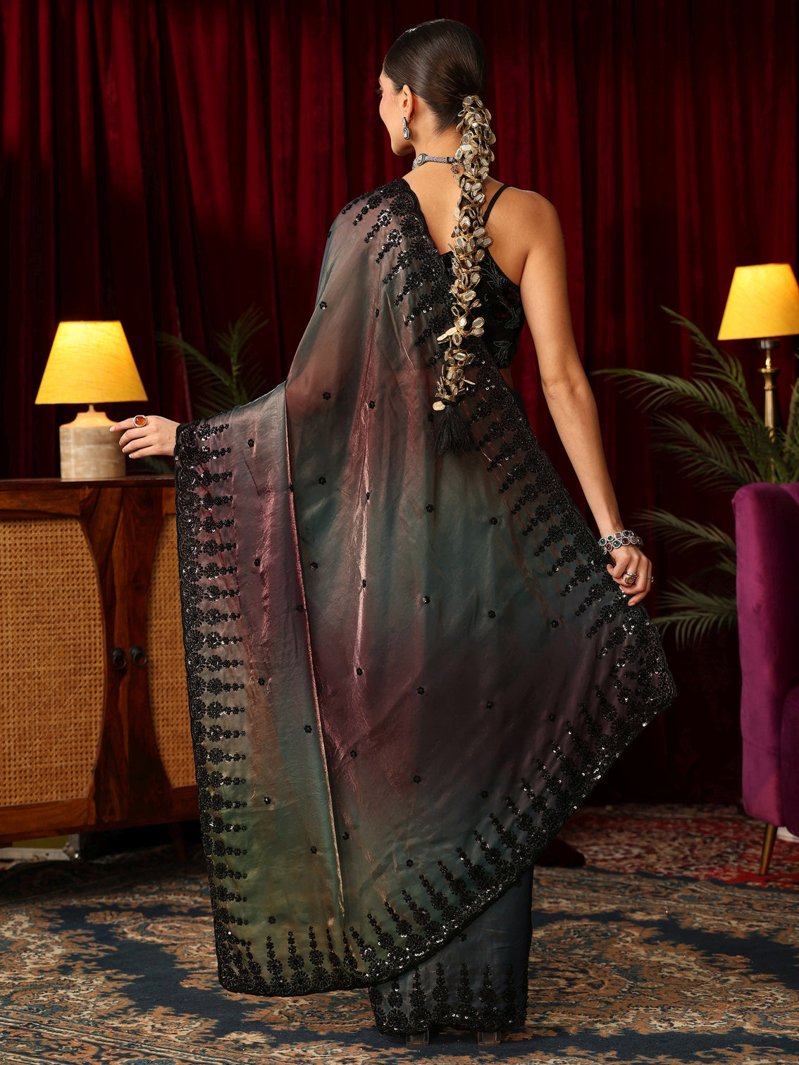 Mameraa Art Ombre Peacock Blue Tissue Saree with Sequin Embellished Border