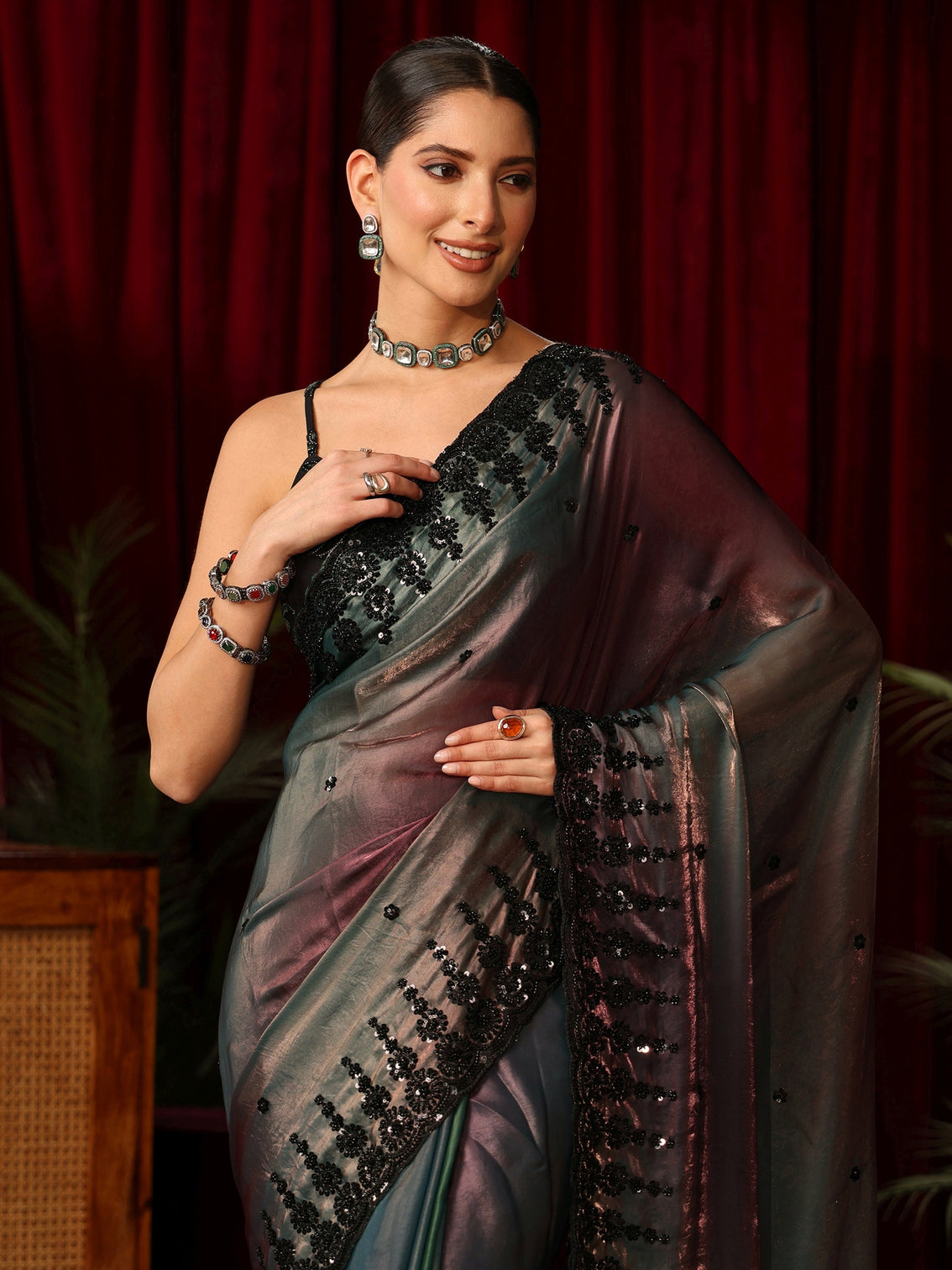 Mameraa Art Ombre Peacock Blue Tissue Saree with Sequin Embellished Border