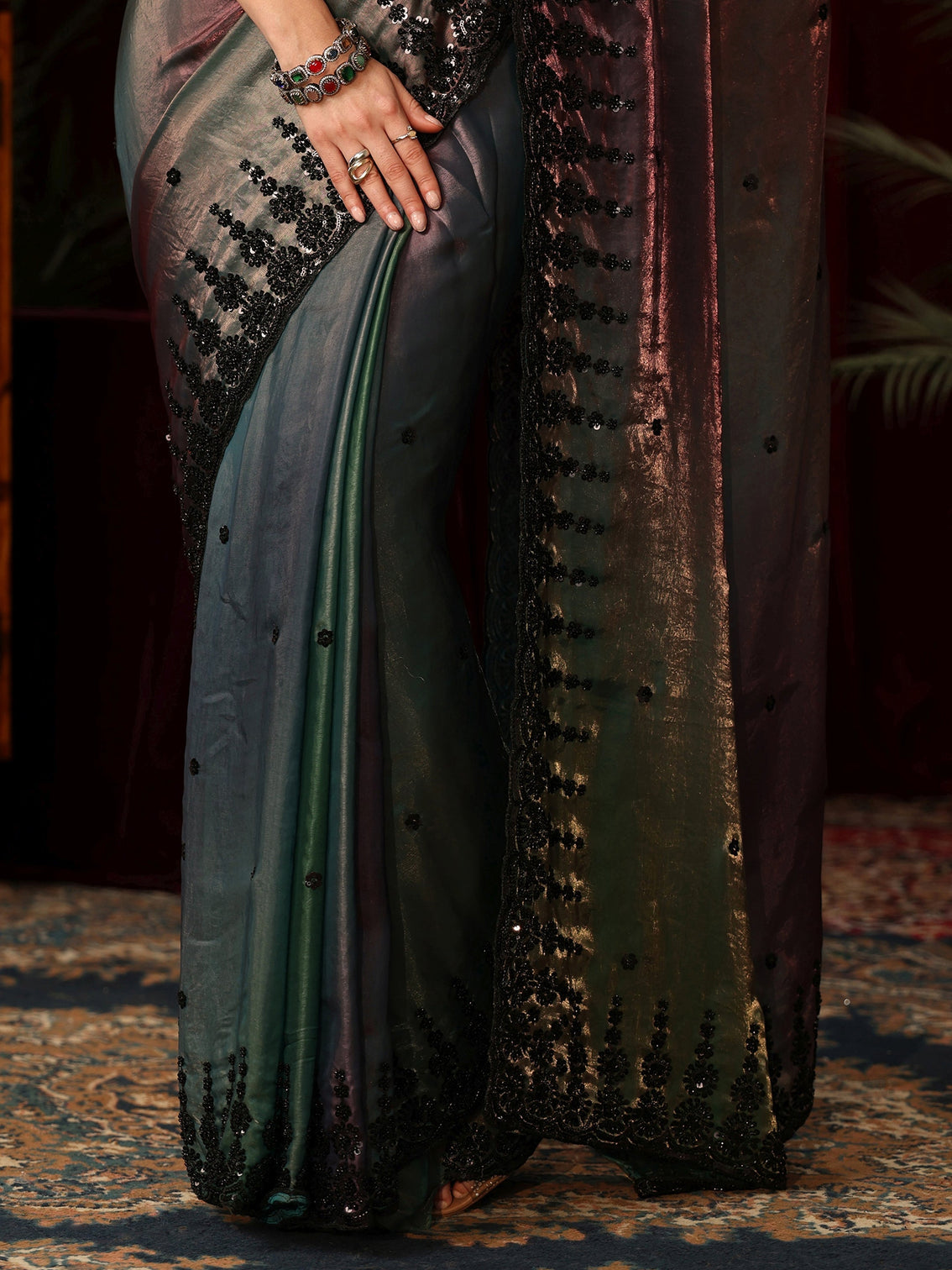 Mameraa Art Ombre Peacock Blue Tissue Saree with Sequin Embellished Border