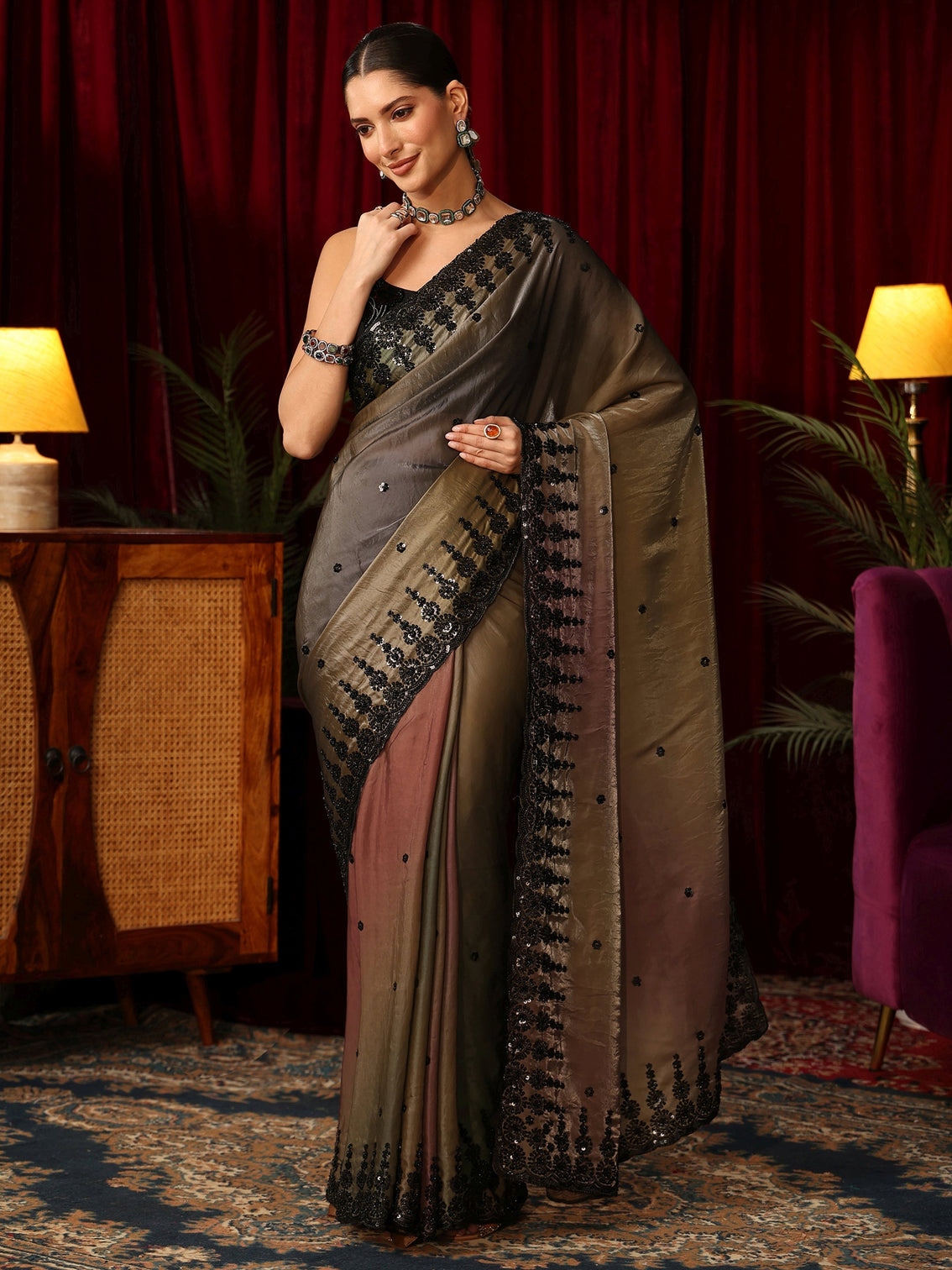 Mameraa Art Ombre Brown Tissue Saree with Sequin Embellished Border