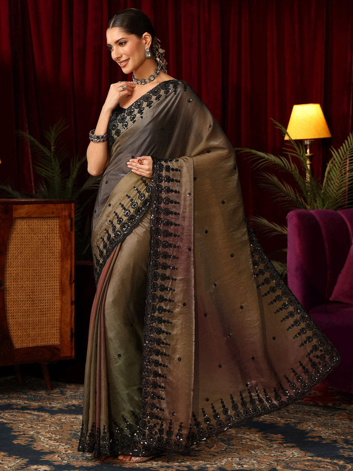 Mameraa Art Ombre Brown Tissue Saree with Sequin Embellished Border