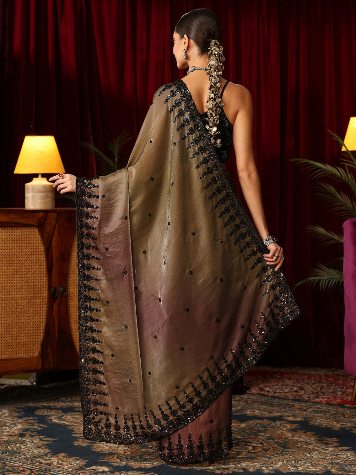 Mameraa Art Ombre Brown Tissue Saree with Sequin Embellished Border